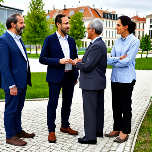Home 15 A diverse group of professional French local officials and community members, fully clothed in modest business attire and smart casuals, are standing in a newly designed, sustainable urban park in a French town. The park features green infrastructure, eco-friendly elements like a communal garden and modern, energy-efficient municipal architecture in the background. They are engaged in discussion, reviewing a project, with natural poses and positive expressions, demonstrating collaboration for the ecological transition. Professional photography, high resolution, soft natural lighting, safe for work, appropriate content, family-friendly, perfect anatomy, correct proportions, well-formed hands, proper finger count, natural body proportions.