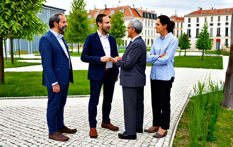 A diverse group of professional French local officials and community members, fully clothed in modest business attire and smart casuals, are standing in a newly designed, sustainable urban park in a French town. The park features green infrastructure, eco-friendly elements like a communal garden and modern, energy-efficient municipal architecture in the background. They are engaged in discussion, reviewing a project, with natural poses and positive expressions, demonstrating collaboration for the ecological transition. Professional photography, high resolution, soft natural lighting, safe for work, appropriate content, family-friendly, perfect anatomy, correct proportions, well-formed hands, proper finger count, natural body proportions.