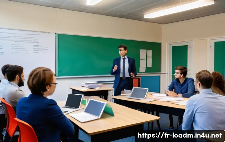 지방행정사 실무 교육 후기 - A professional local government training classroom scene in France, showing a diverse group of adult...
