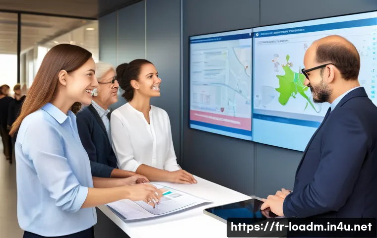 지방행정사 실무 실습 사례 - A modern French municipal office scene showing a diverse group of local government employees engagin...