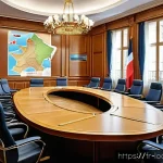 Home 18 지방행정사 시험 과목별 난이도 비교 - A detailed illustration of a French local government meeting room, featuring a diverse group of offi...