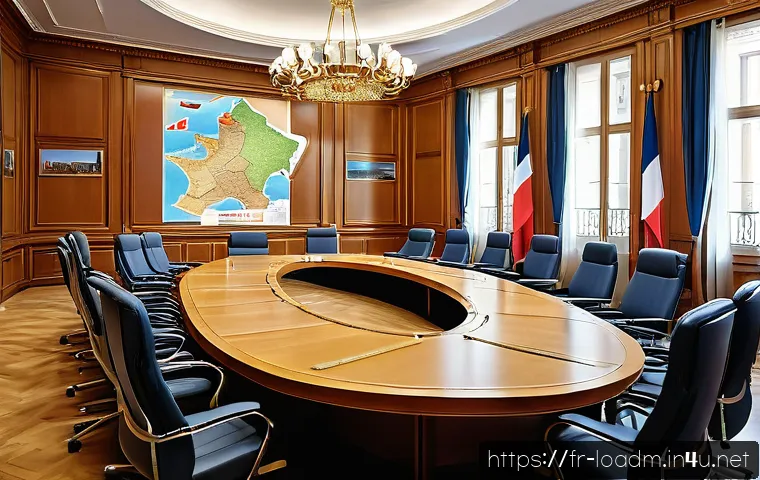 지방행정사 시험 과목별 난이도 비교 - A detailed illustration of a French local government meeting room, featuring a diverse group of offi...